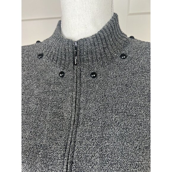 Vintage Toula Santana Knit Wool Zip Up Sweater Marled Black Leather Women's Sz 4 - Picture 3 of 12